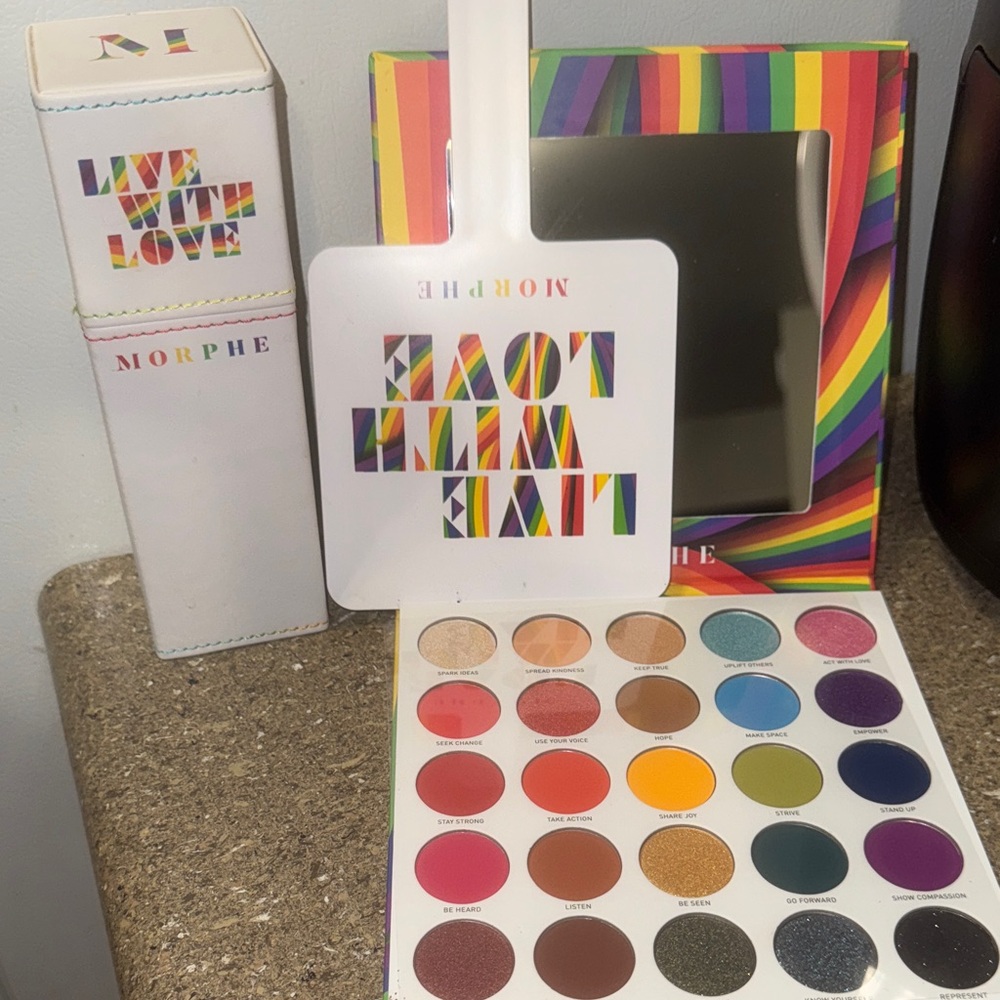 Morphe Vibrant Rainbow Eyeshadow Palette, handheld mirror, assorted UNUSED brush